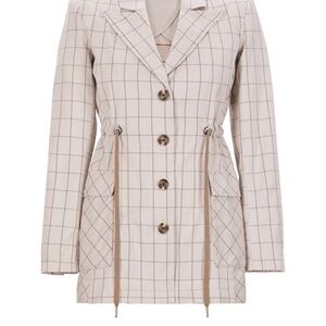 CAbi 6026 Windowpane Blazer Drawstring Cinched Waist Jacket Cotton Beige